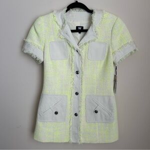W by Worth Off White & Lime Tweed Fitted Short Sleeve Blazer Jacket Top Size 2